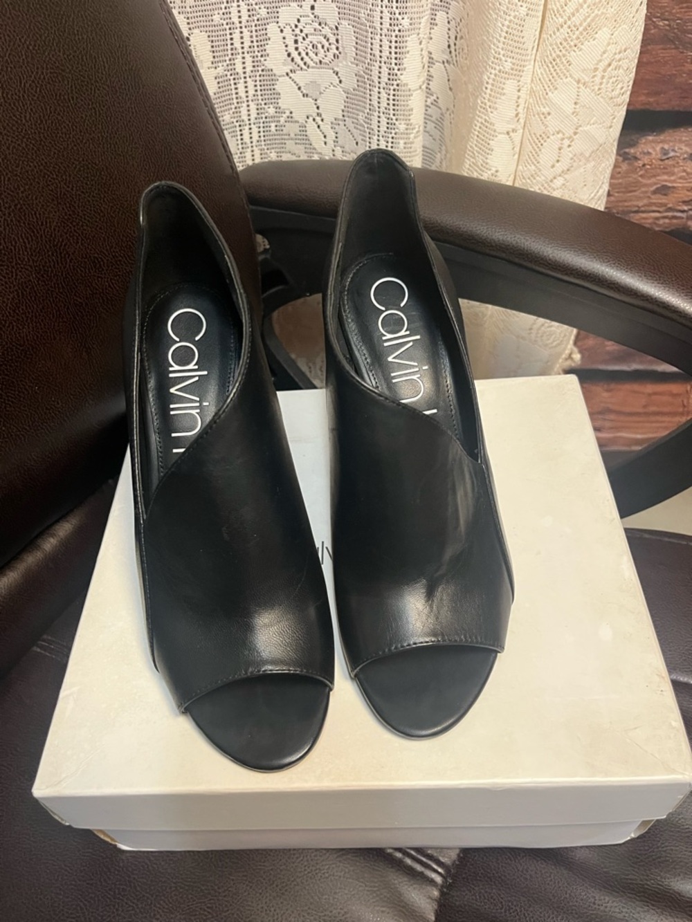 Calvin Klein Nastassia Nappa Leather Open-Toe Wrap Heels - Picture 7 of 14